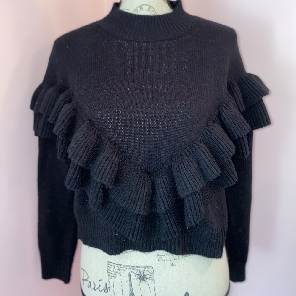 Black Sweater with V ruffle detail
